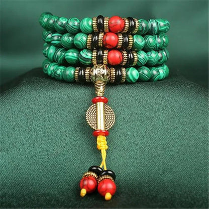 Bracelet perle malachite 8mm veinures vertes naturelles – bracelet perle artisanal - quelques perles rouges - mala tibétain