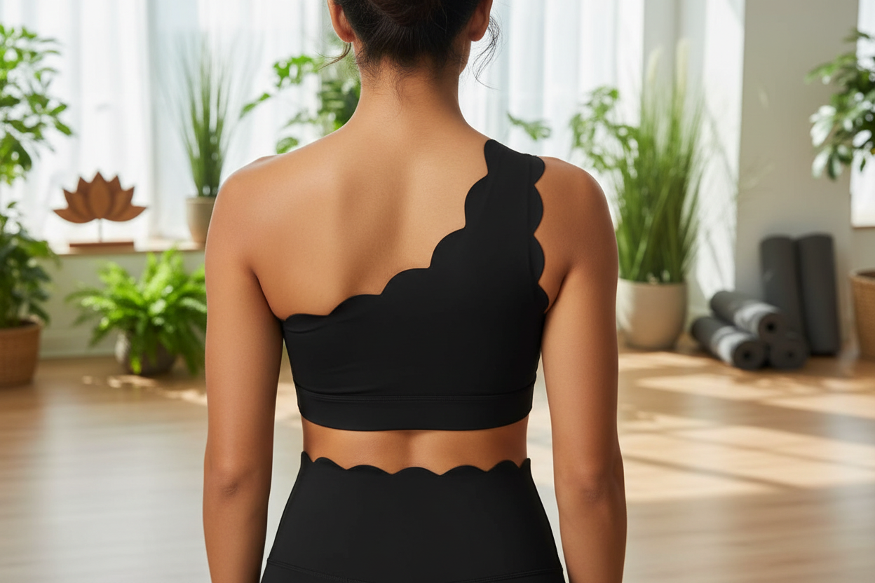 Brassiere asymetrique noire dos gros plan studio zen