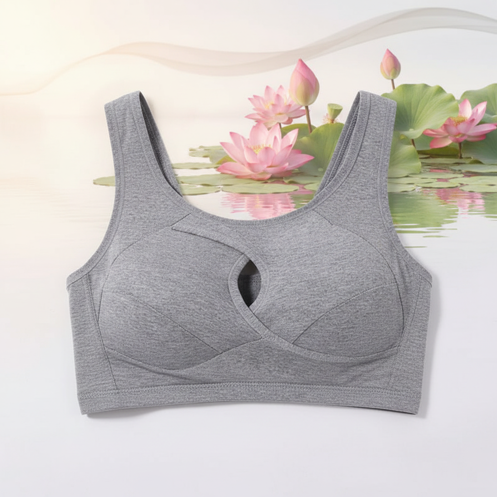 Brassière femme coton grise gros plan découpe goutte fond zen lotus
