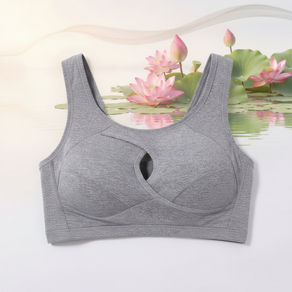 Brassière femme coton grise gros plan découpe goutte fond zen lotus