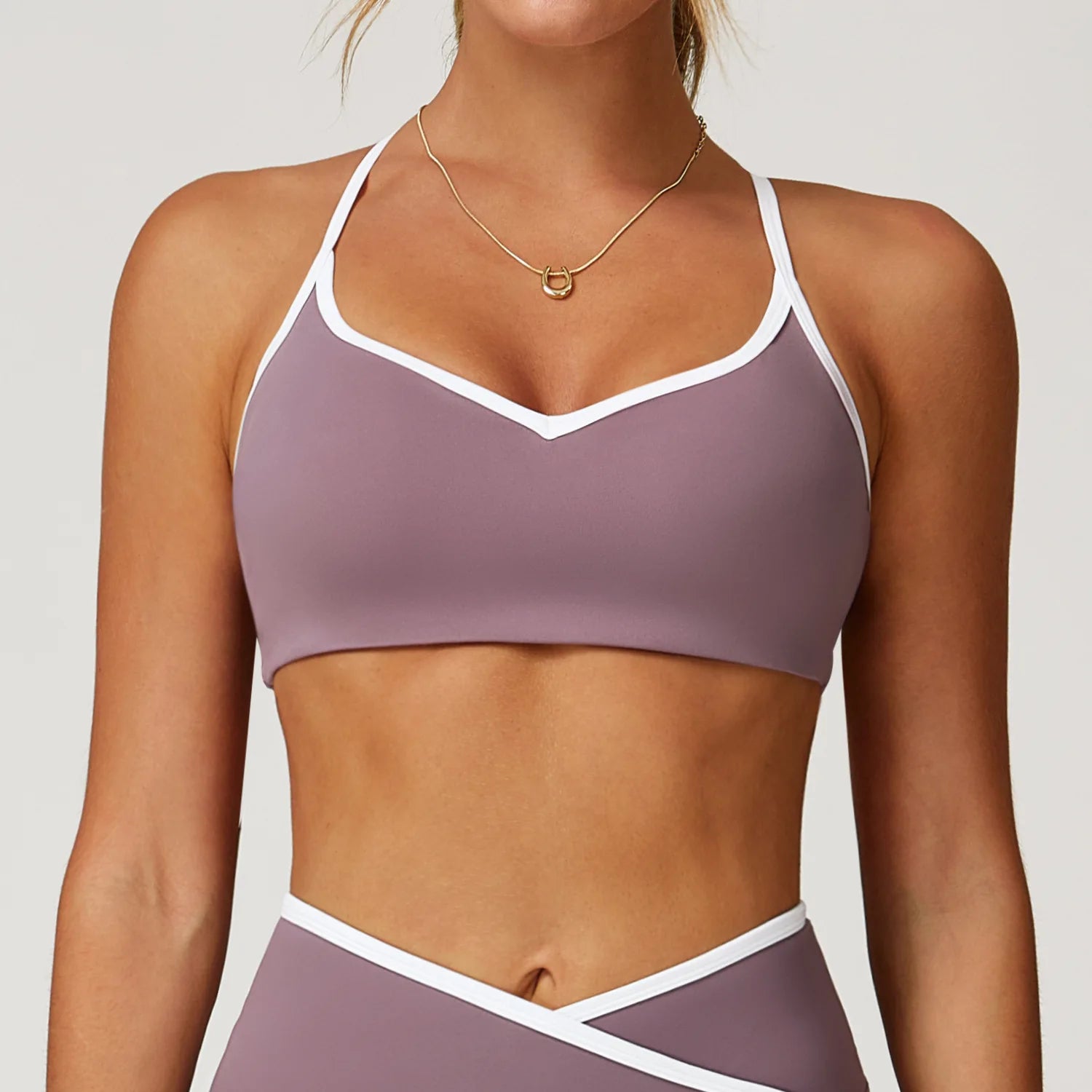 Brassière femme dos croisé mauve liserés blancs vue de face