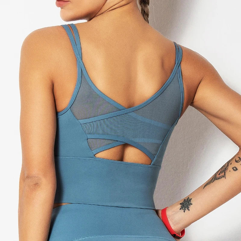 brassiere longue respirante dos croisé bleu