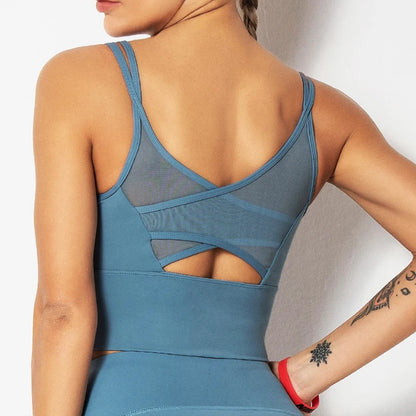 brassiere longue respirante dos croisé bleu