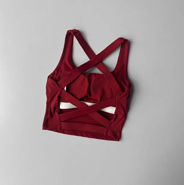 Brassière longue femme bordeaux à plat, vue du dos avec bretelles croisées