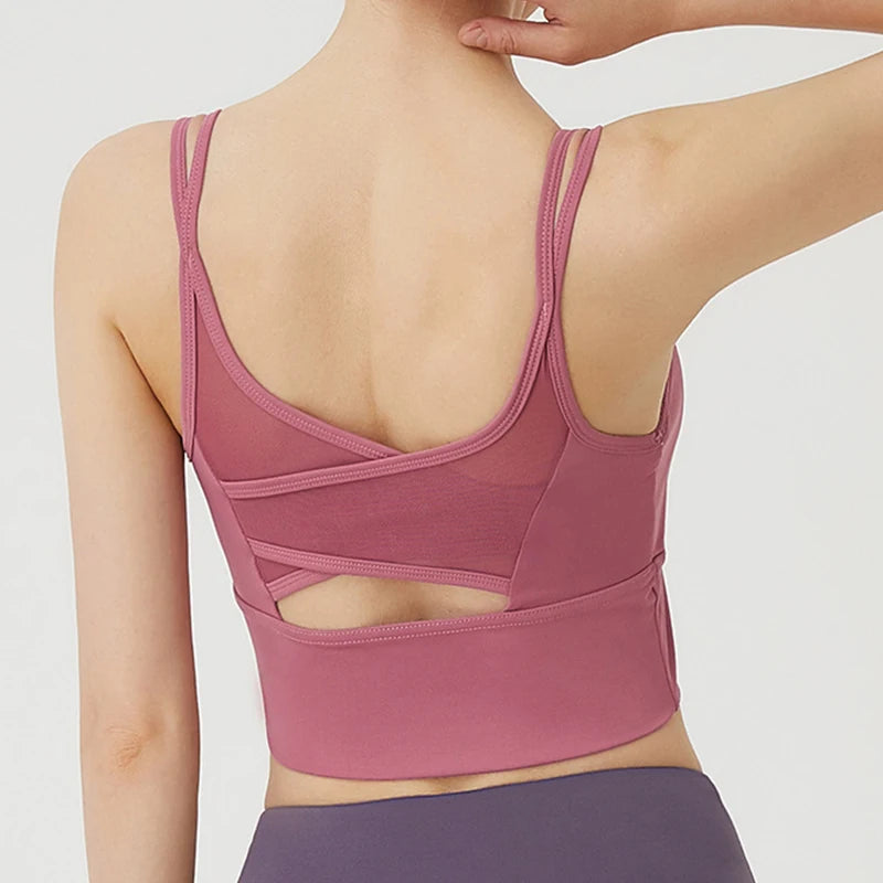 brassiere longue sport maintien bretelles fines parme