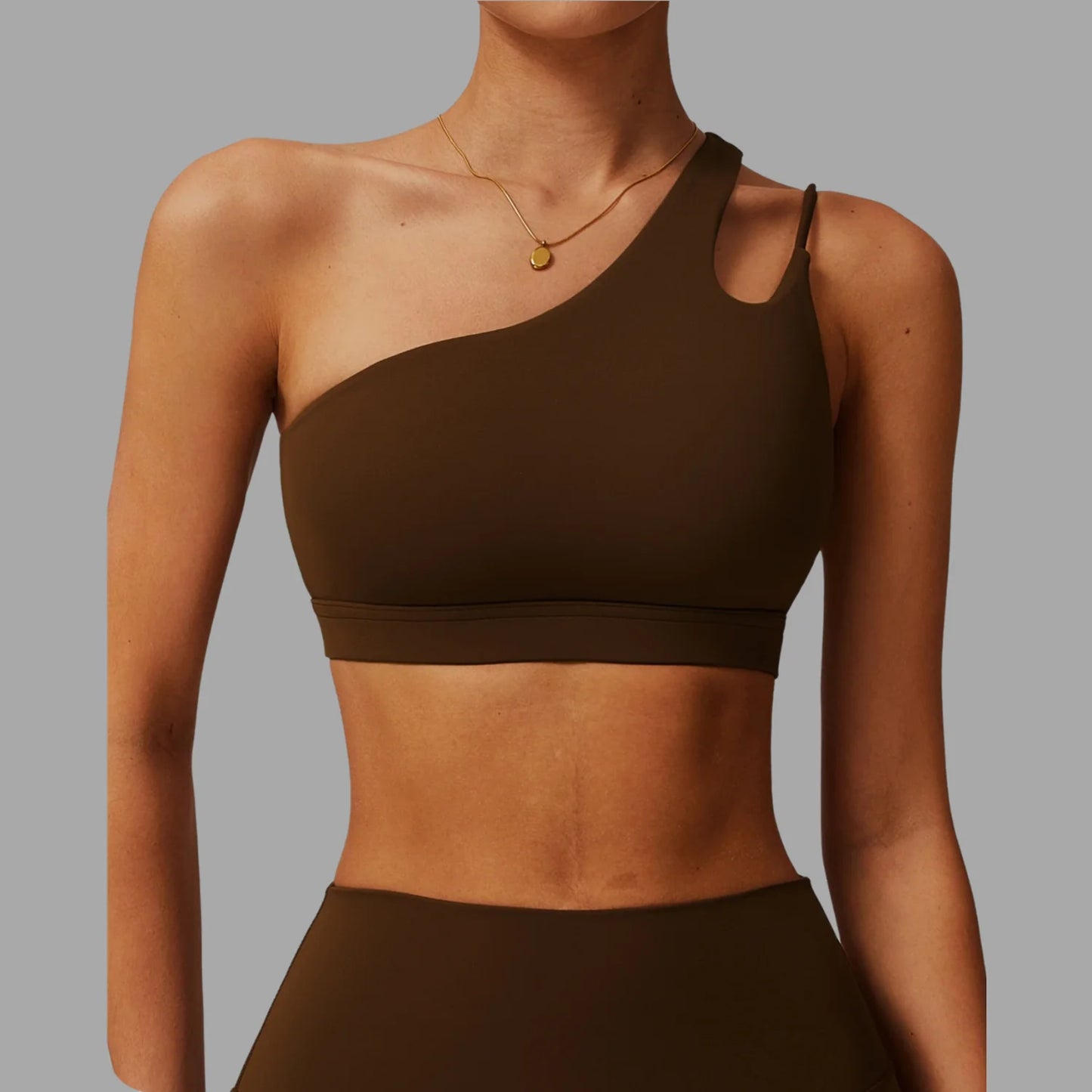 Brassière sport asymétrique femme couleur café – vue face