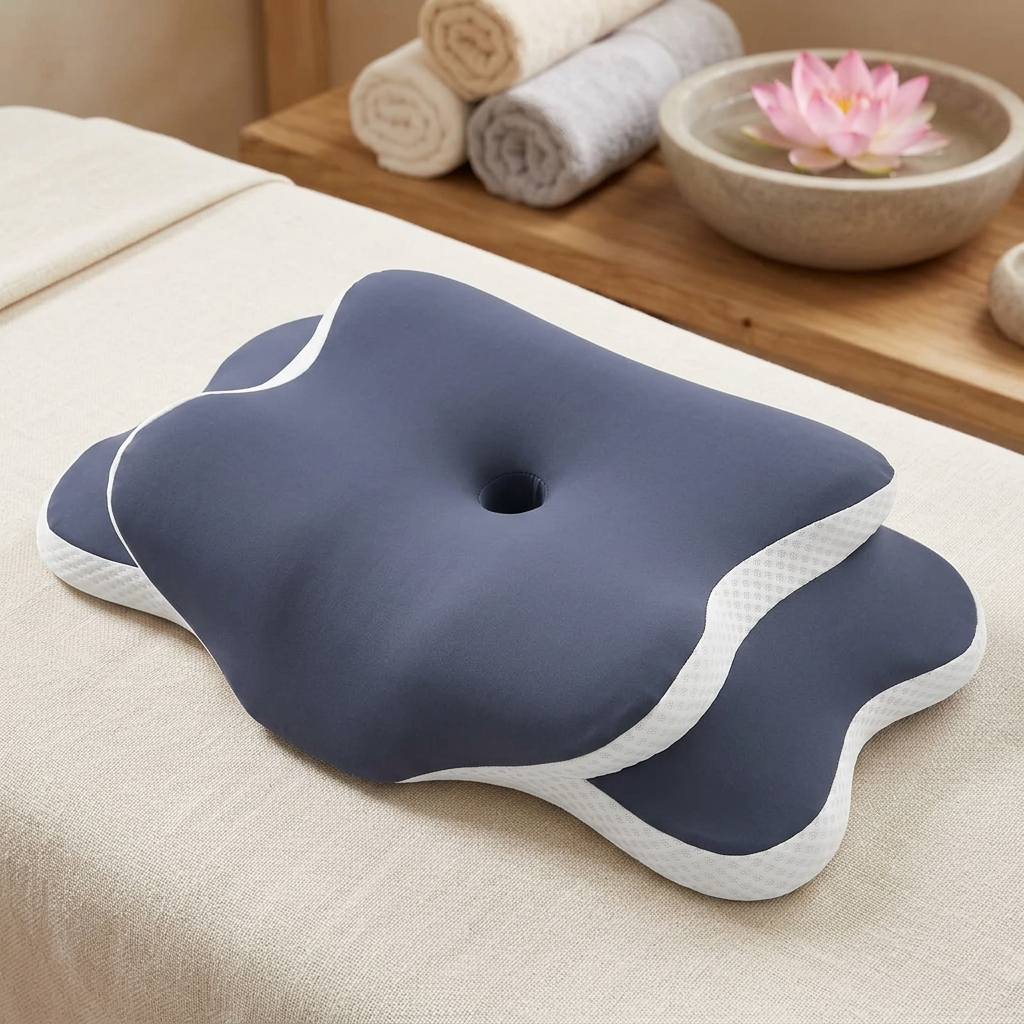 Butterfly design oreiller vu de dessus, montrant son creux central et ses contours blancs dans un décor spa.