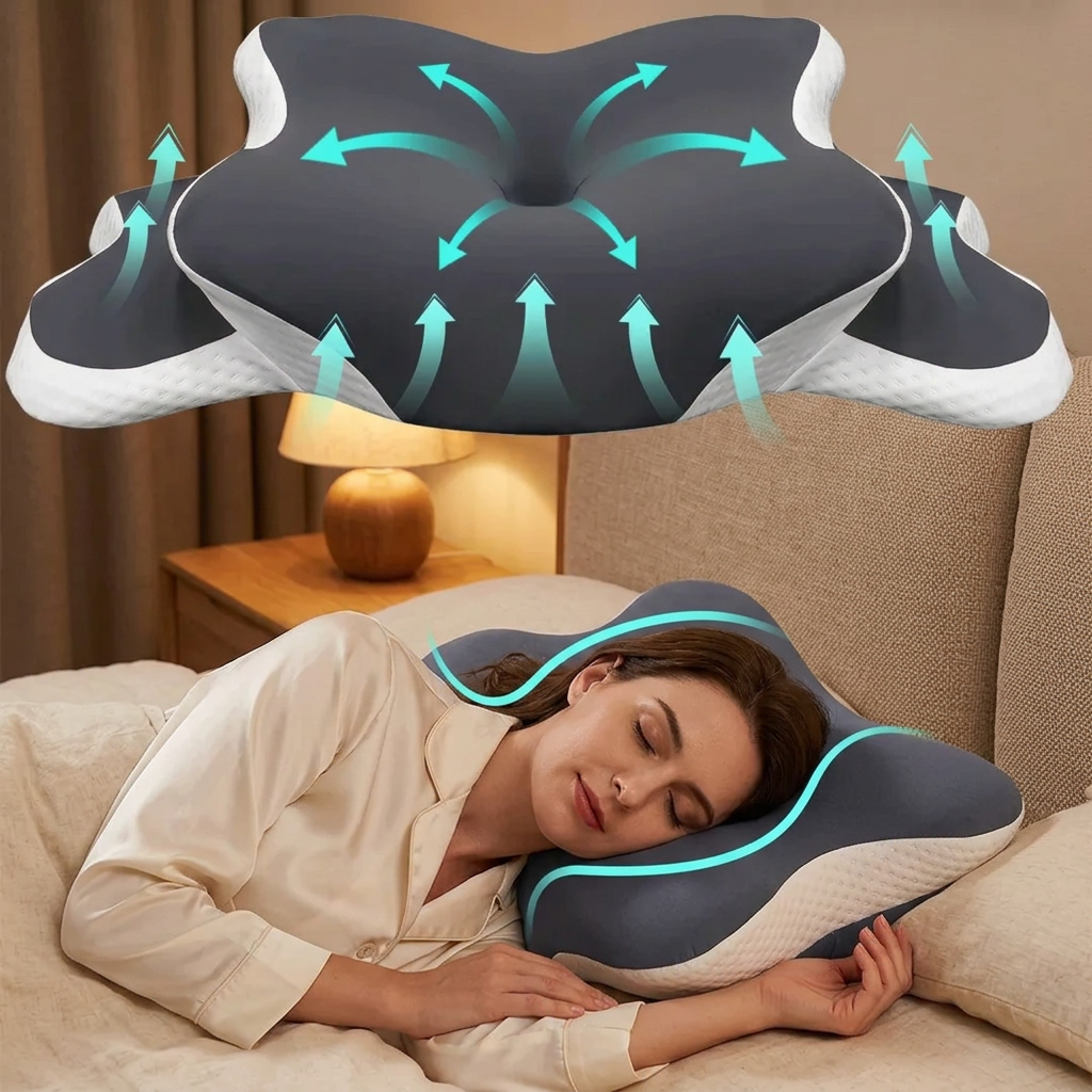 Butterfly design oreiller gris et blanc avec flèches turquoise, au-dessus d’une femme endormie dans une chambre.