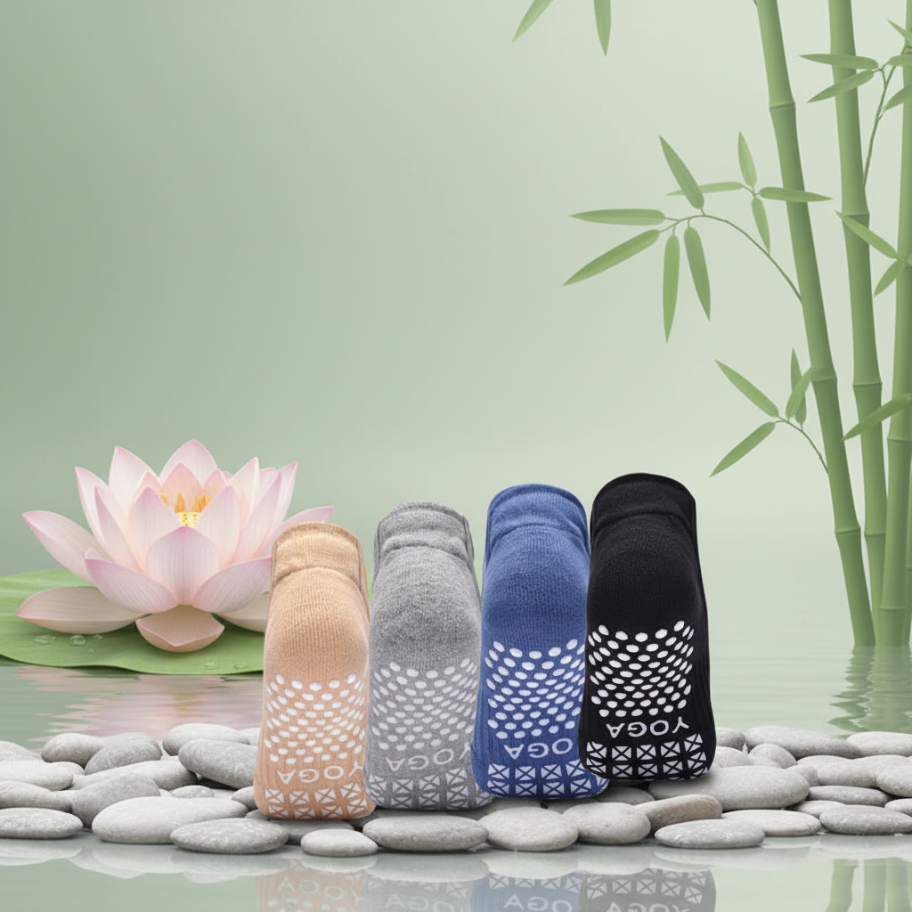 Chaussette de yoga femme 4 couleurs semelles fond zen saumon gris bleu noir