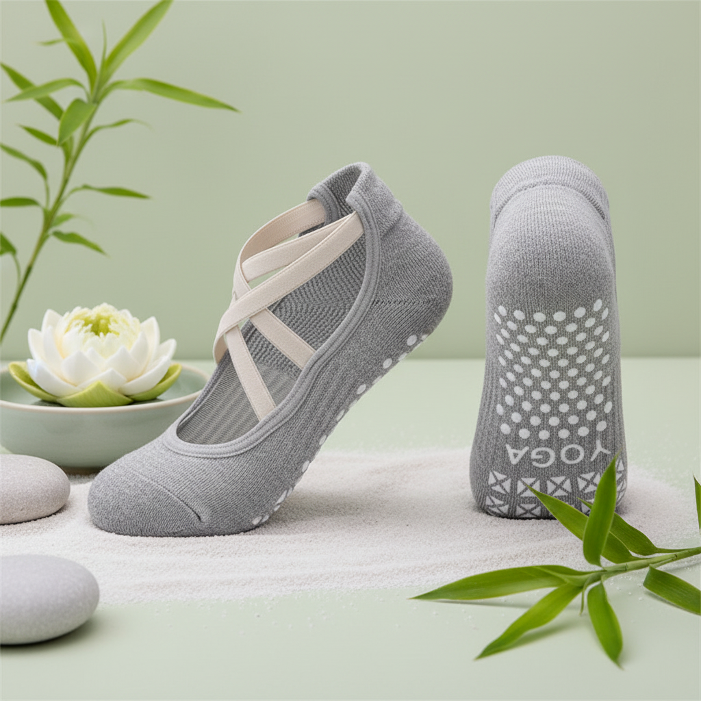 Chaussette de yoga femme grise antidérapante sangles croisées fond zen