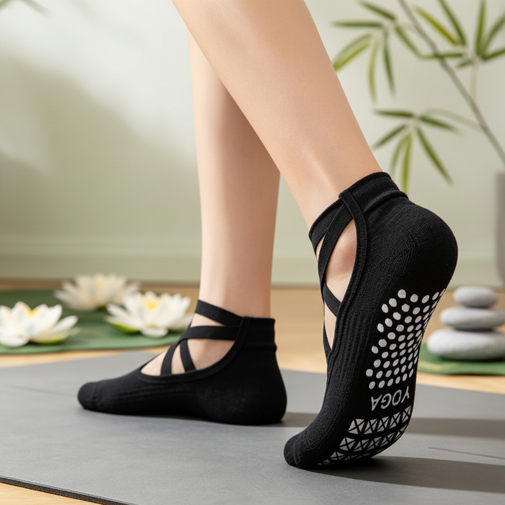 Chaussette de yoga femme portée sur tapis de yoga semelle antidérapante visible