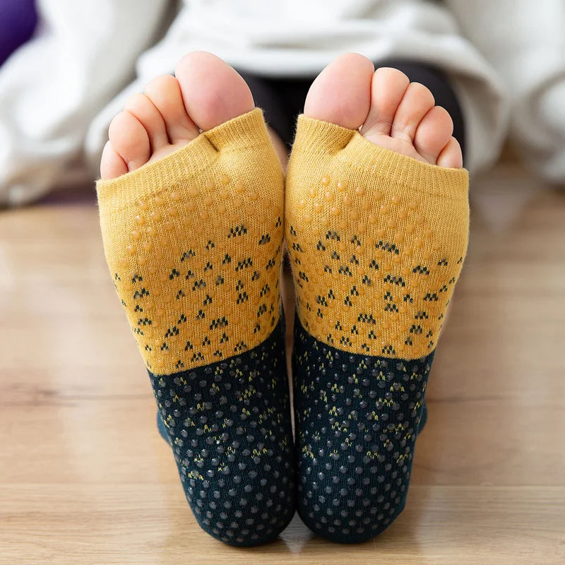 Chaussette pour yoga open-toe bleu marine moutarde semelle grip yoga