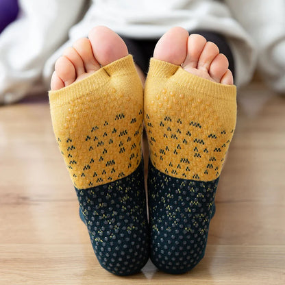 Chaussette pour yoga open-toe bleu marine moutarde semelle grip yoga