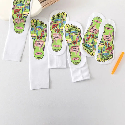 Chaussette reflexologie plantaire blanche avec carte des zones réflexes imprimée sur la semelle