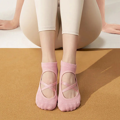 	Chaussettes yoga roses antidérapantes port vue de dessus