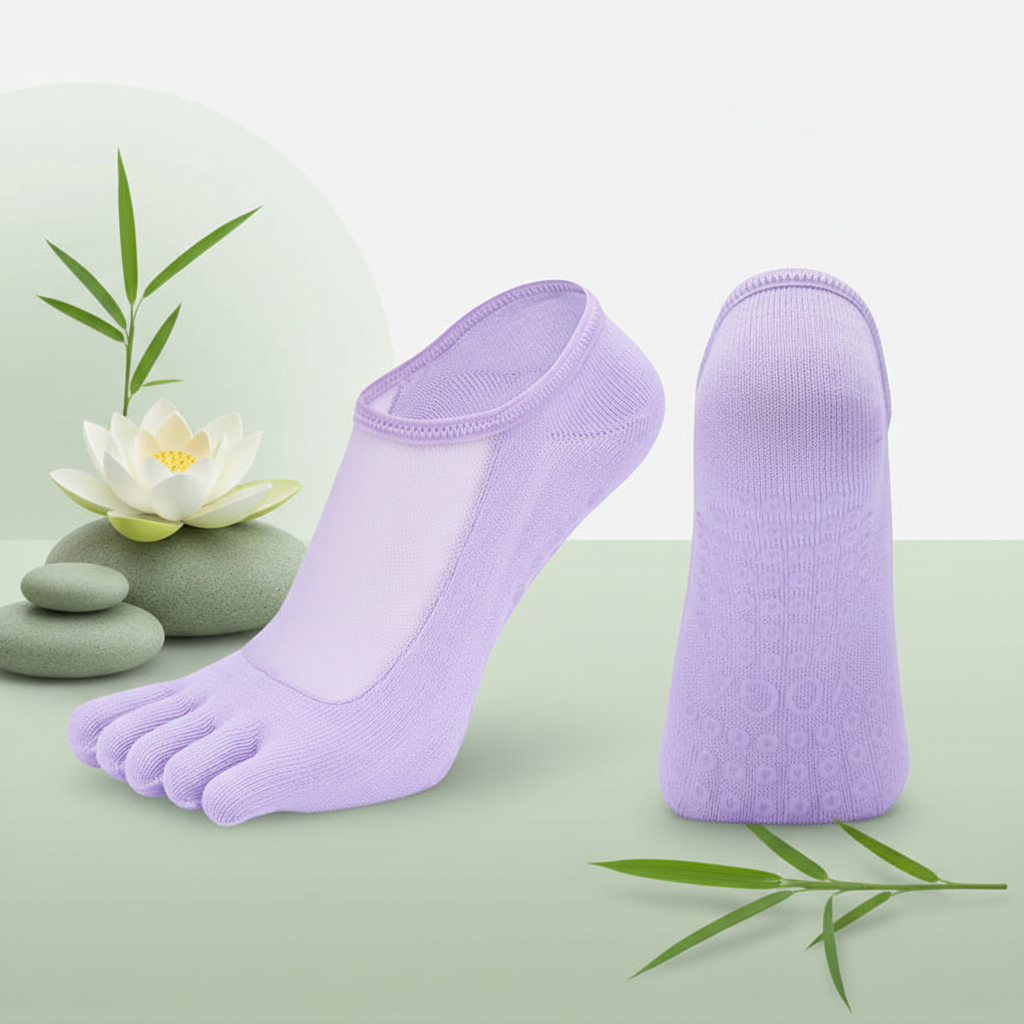 Chaussettes de yoga femme lavande orteils séparés semelle antidérapante silicone fond zen