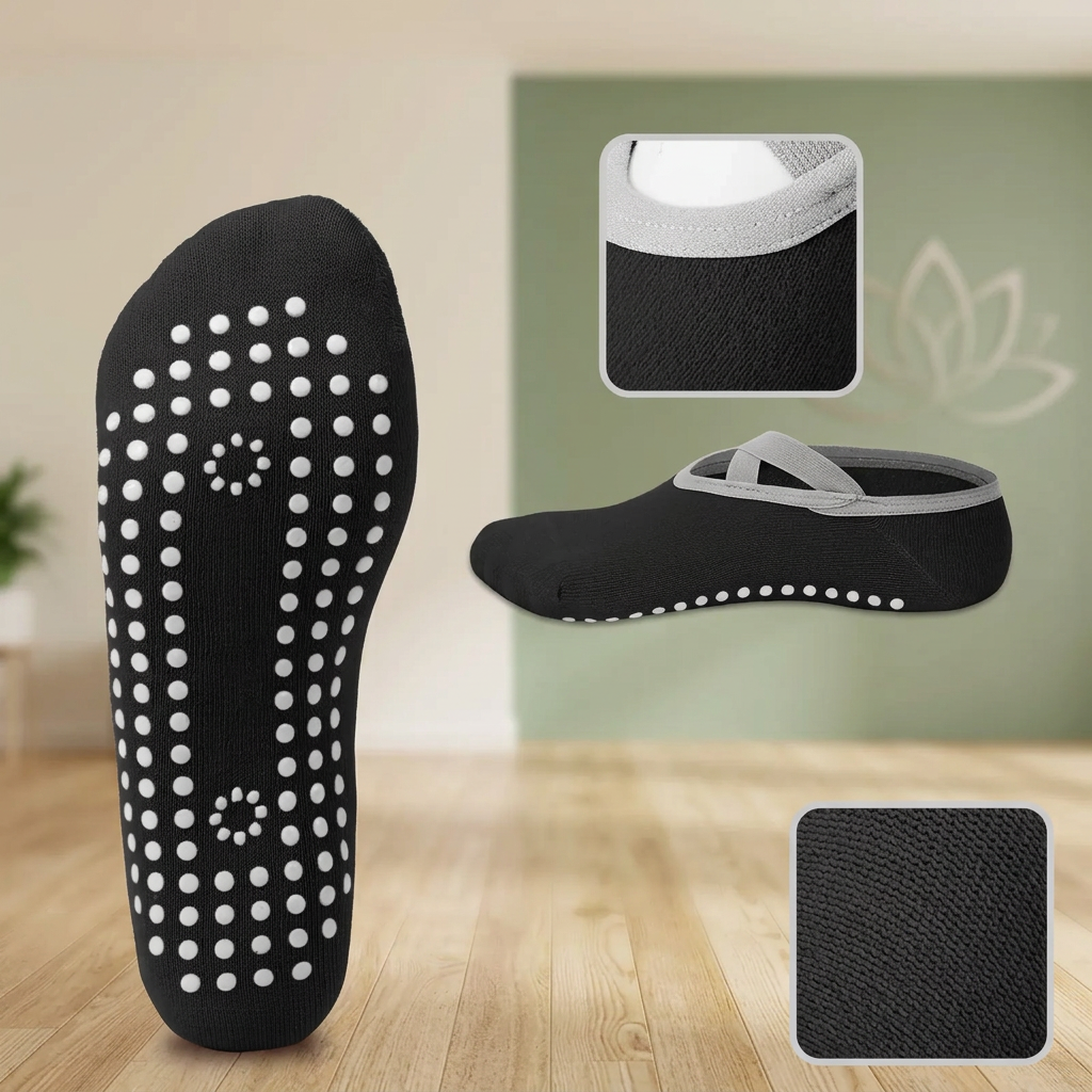 Chaussettes de yoga noires avec vue de la semelle à picots blancs et détails du tissu.