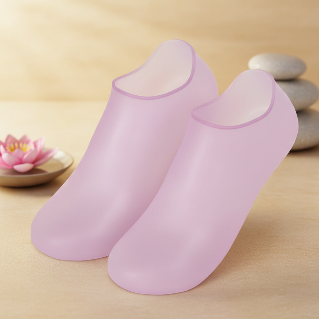 Chaussettes massage pied silicone rose mauve fond zen lotus bien-être