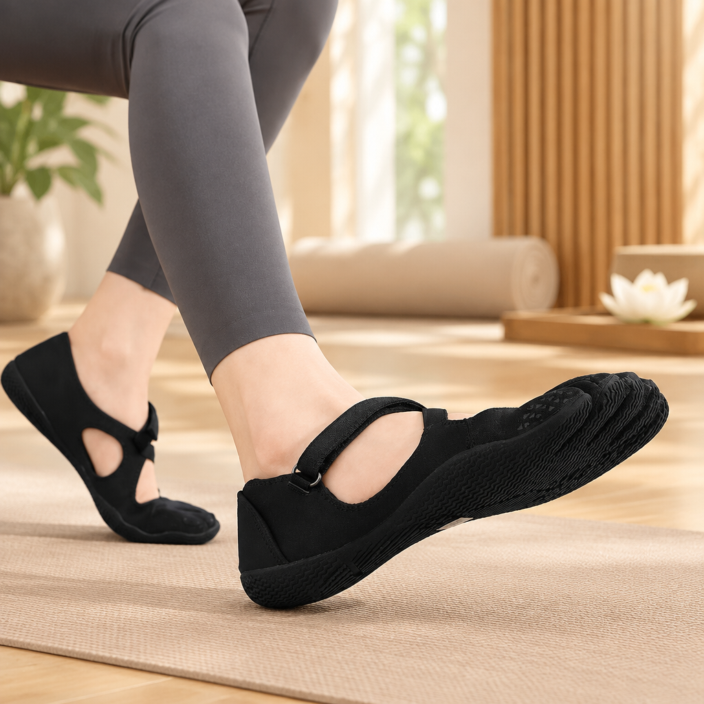 Chaussons de yoga noirs antidérapants portés dans un espace yoga zen 