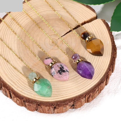 Collier pierre naturelle oeil de tigre marron améthyste violette aventurine verte rhodonite rose et noire en forme de flacon pour mettre huile essentielle support coupe de bûche en bois