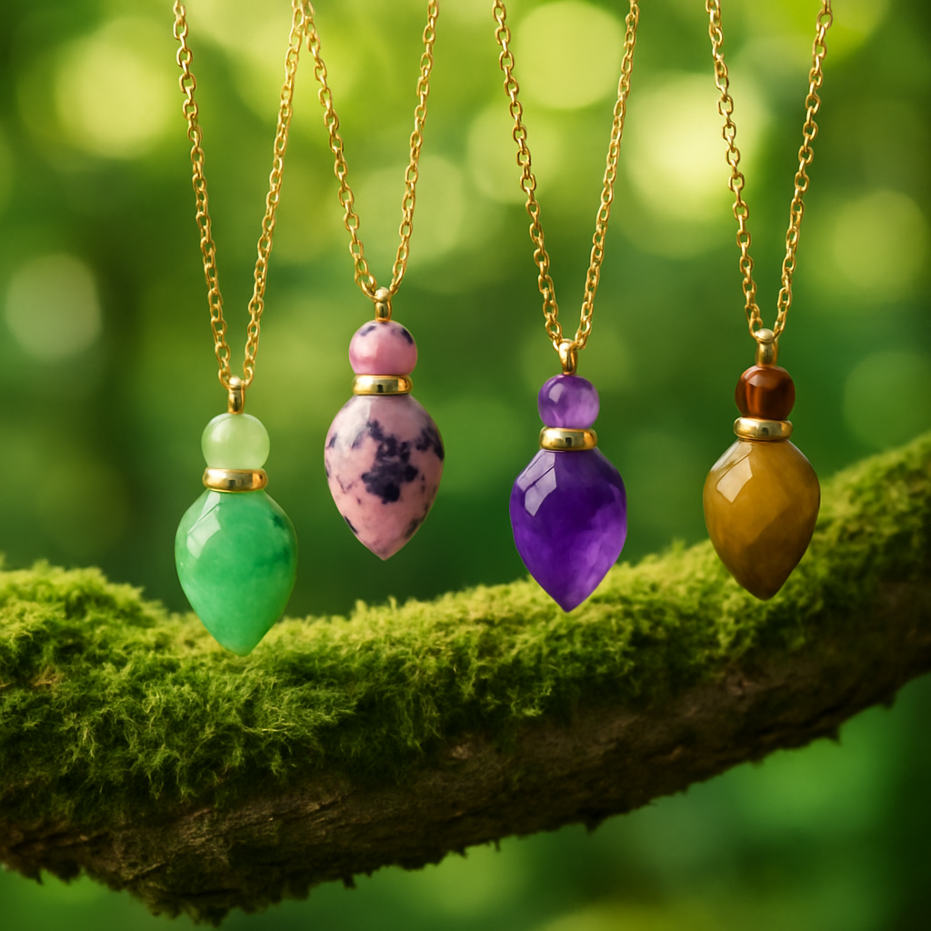 Collier pierre naturelle oeil de tigre marron améthyste violette aventurine verte rhodonite rose et noire en forme de flacon pour mettre huile essentielle nature verdoyante branche mousse verte