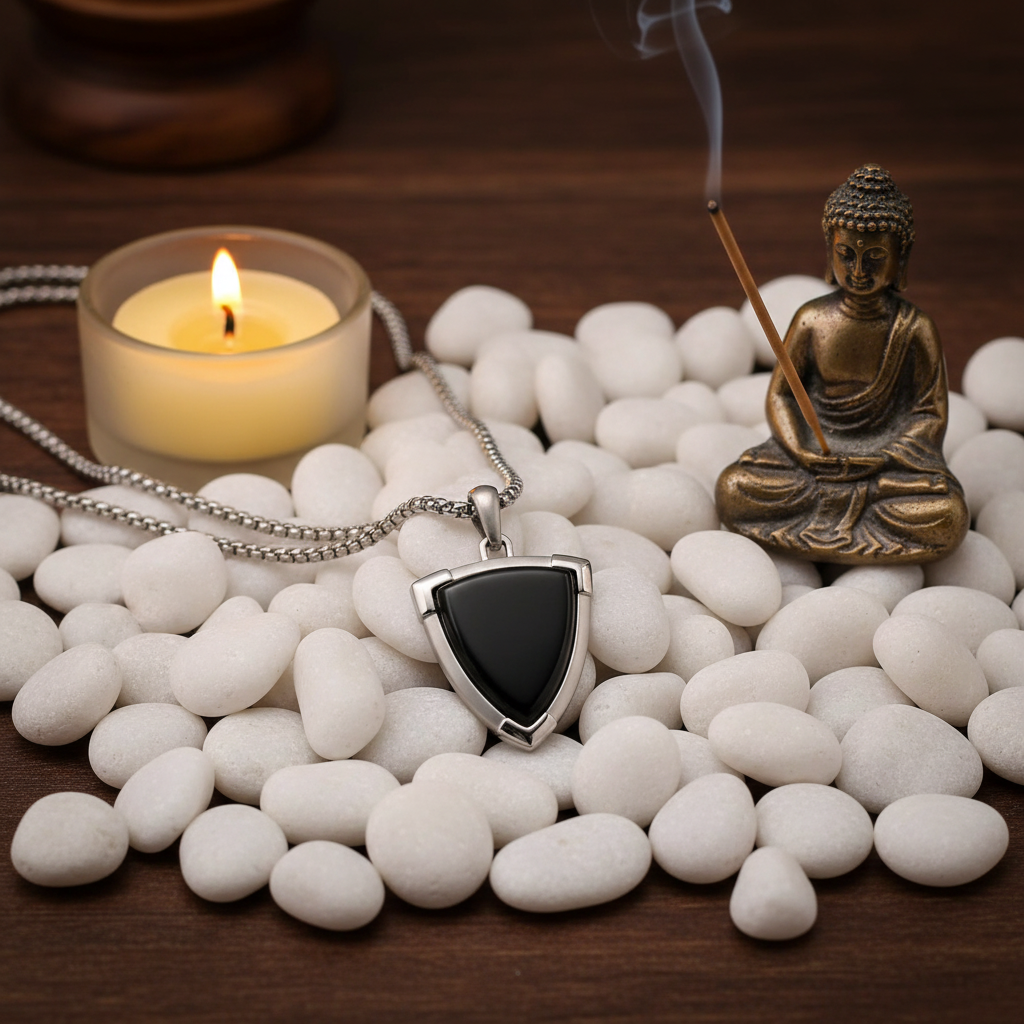 Collier avec pierre pour homme onyx bouclier autel zen bouddha bougie