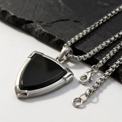 Collier avec pierre pour homme – pendentif onyx sur chaîne acier inoxydable argentée