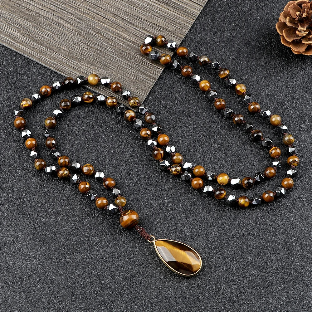 Collier long homme perles naturelles œil de tigre hématite – 75cm cordon élastique