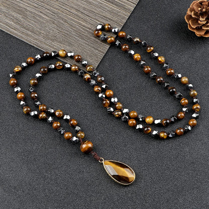 Collier long homme perles naturelles œil de tigre hématite – 75cm cordon élastique