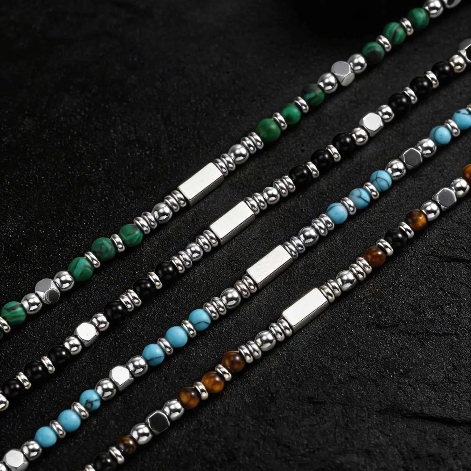 Collier en perle pour homme – malachite obsidienne turquoise œil de tigre 4 variantes