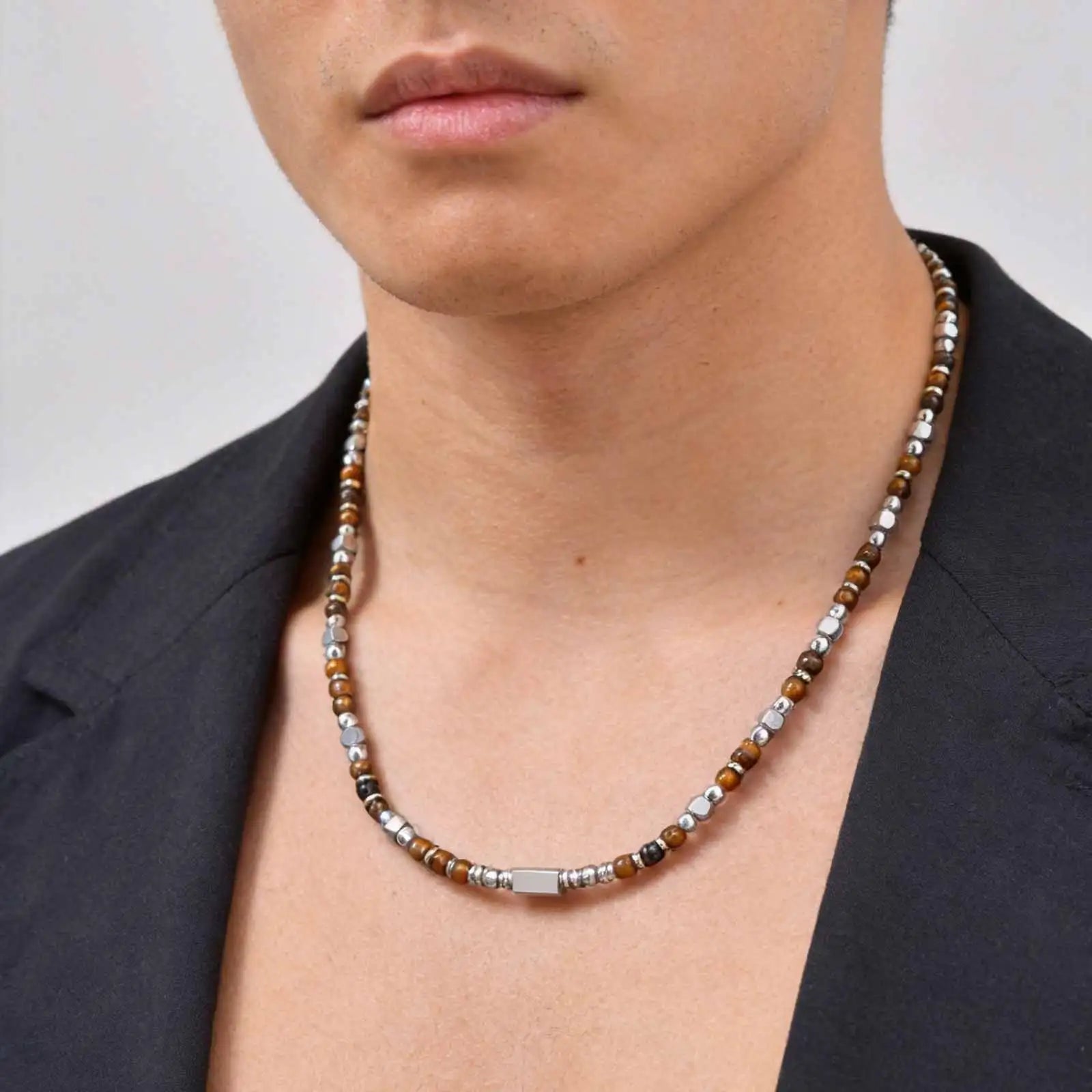 Collier en perle pour homme œil de tigre – acier inoxydable ajustable 45-53cm