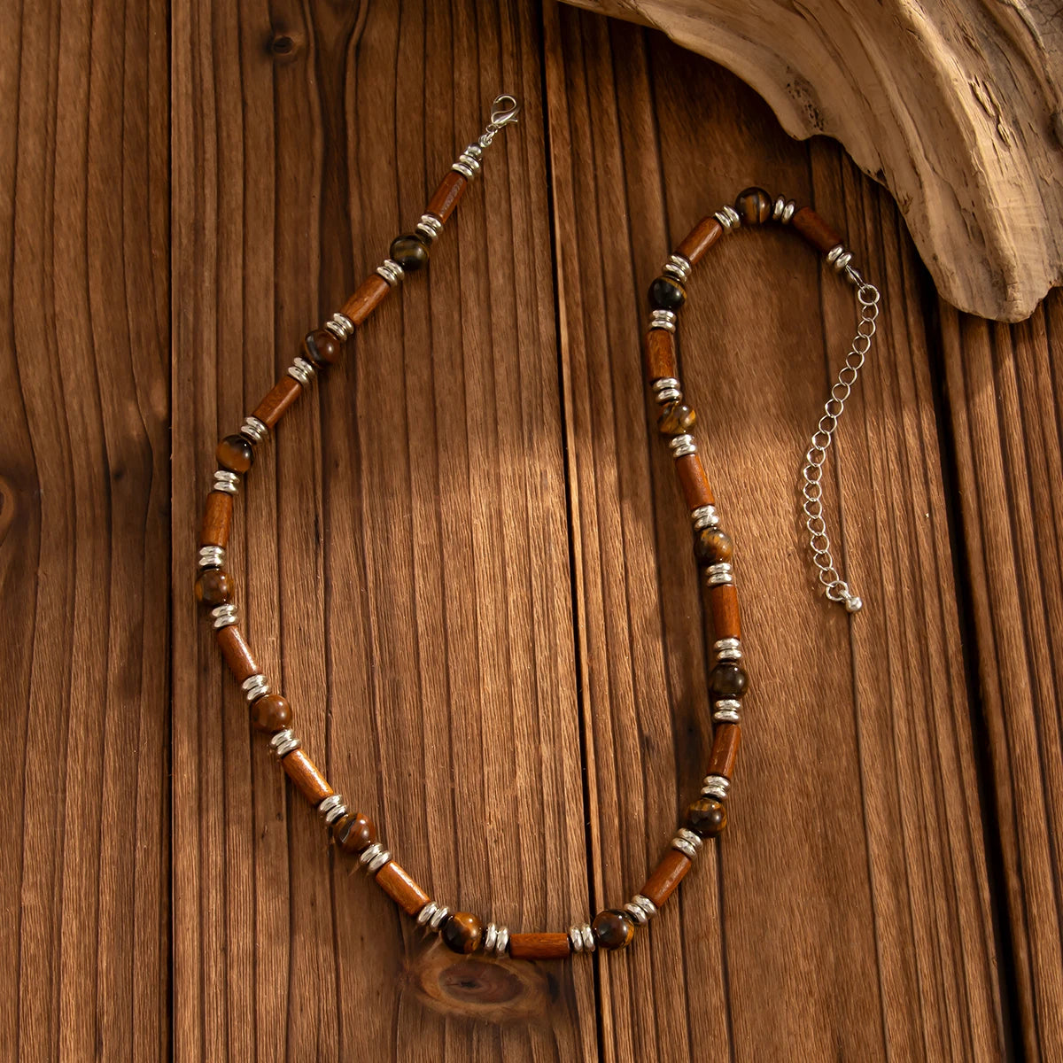 Collier homme oeil de tigre perles bois et pierre naturelle réglable 47 cm