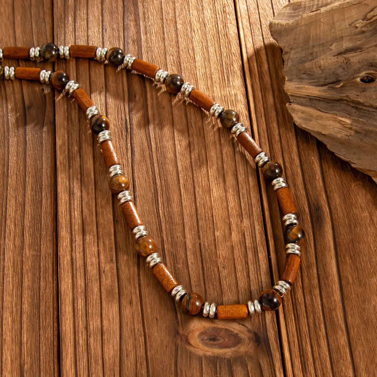 Collier homme perles bois oeil de tigre séparateurs acier inoxydable argenté style rétro