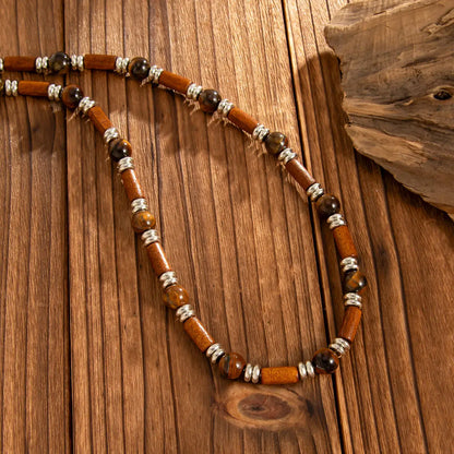 Collier homme perles bois oeil de tigre séparateurs acier inoxydable argenté style rétro