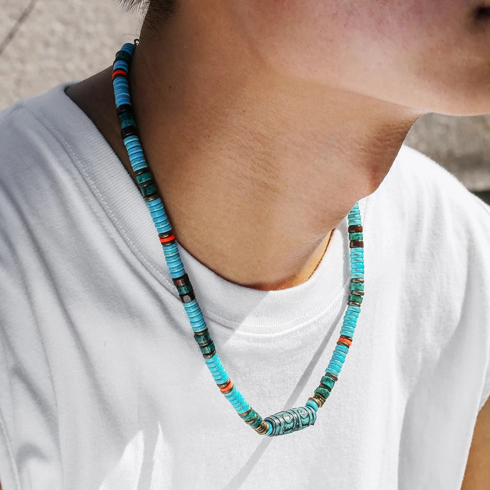 Collier homme perle turquoise ethnique pendentif central