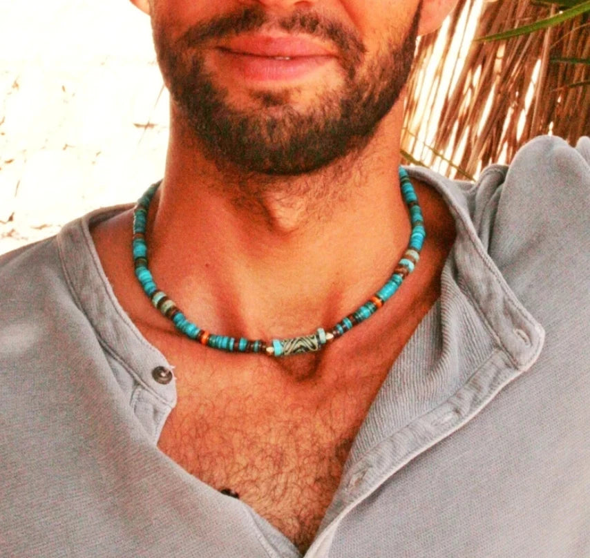 Collier homme perle turquoise style bohème vintage