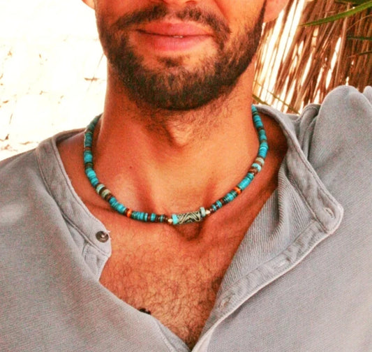 Collier homme perle turquoise style bohème vintage