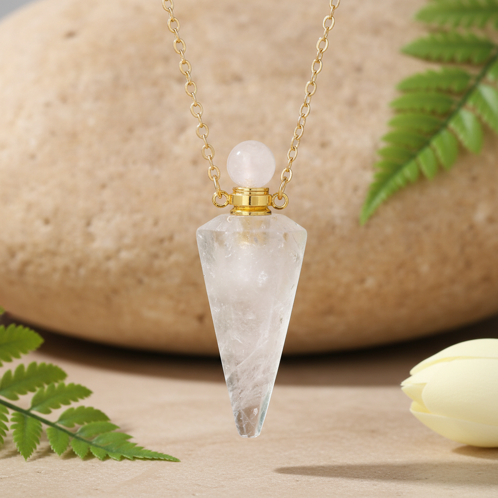 Collier huile essentielle pendentif en cristal de roche  sur fond zen naturel