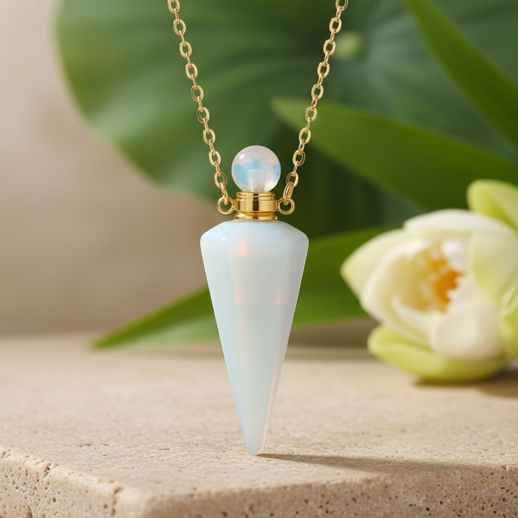 Collier huile essentielle pendentif opale sur fond zen naturel