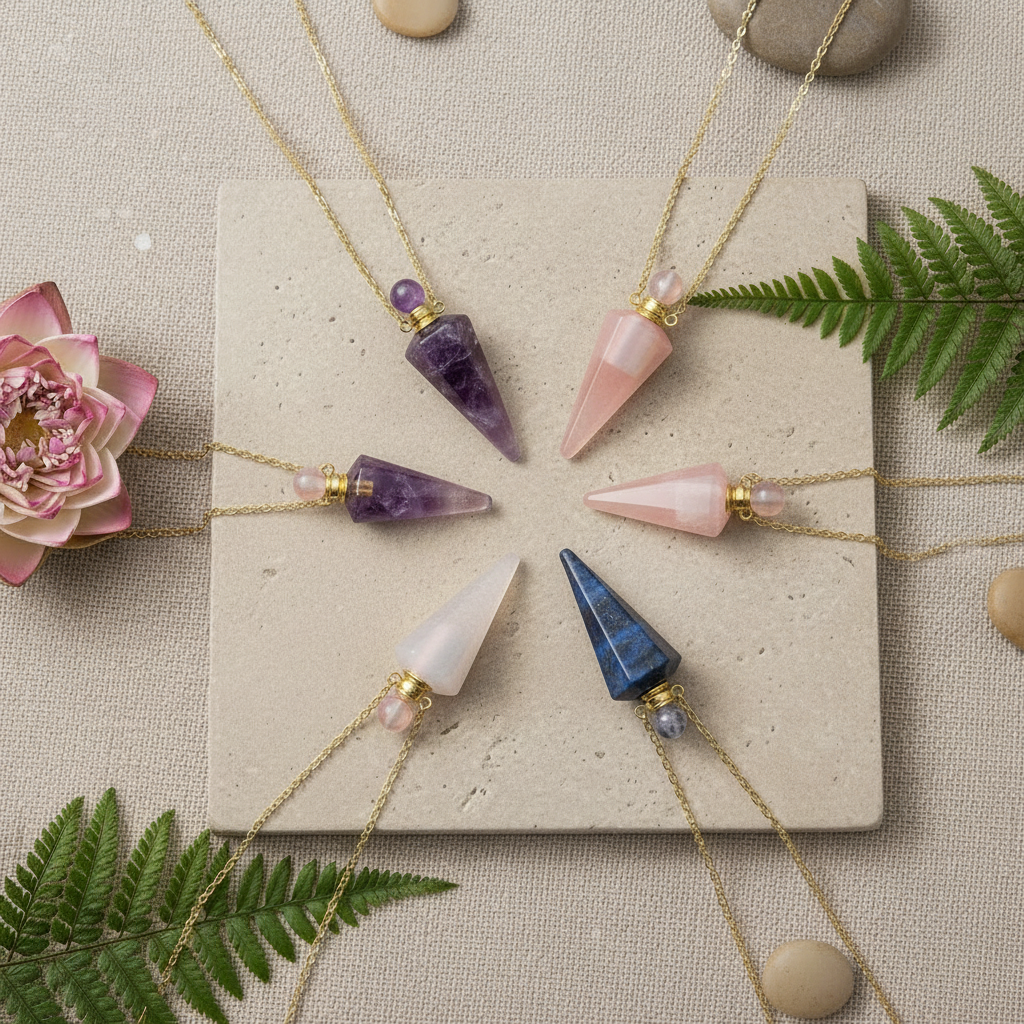 Collier huile essentielle pendentifs en pierres naturelles améthyste lapis lazuli tourmaline melon d'eau, lapis lazuli, chaine dorée acier inoxydable