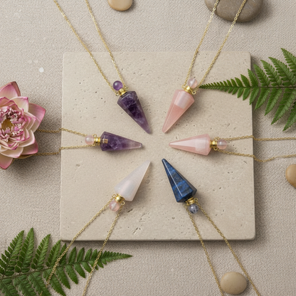 Collier huile essentielle pendentifs en pierres naturelles améthyste lapis lazuli tourmaline melon d'eau, lapis lazuli, chaine dorée acier inoxydable