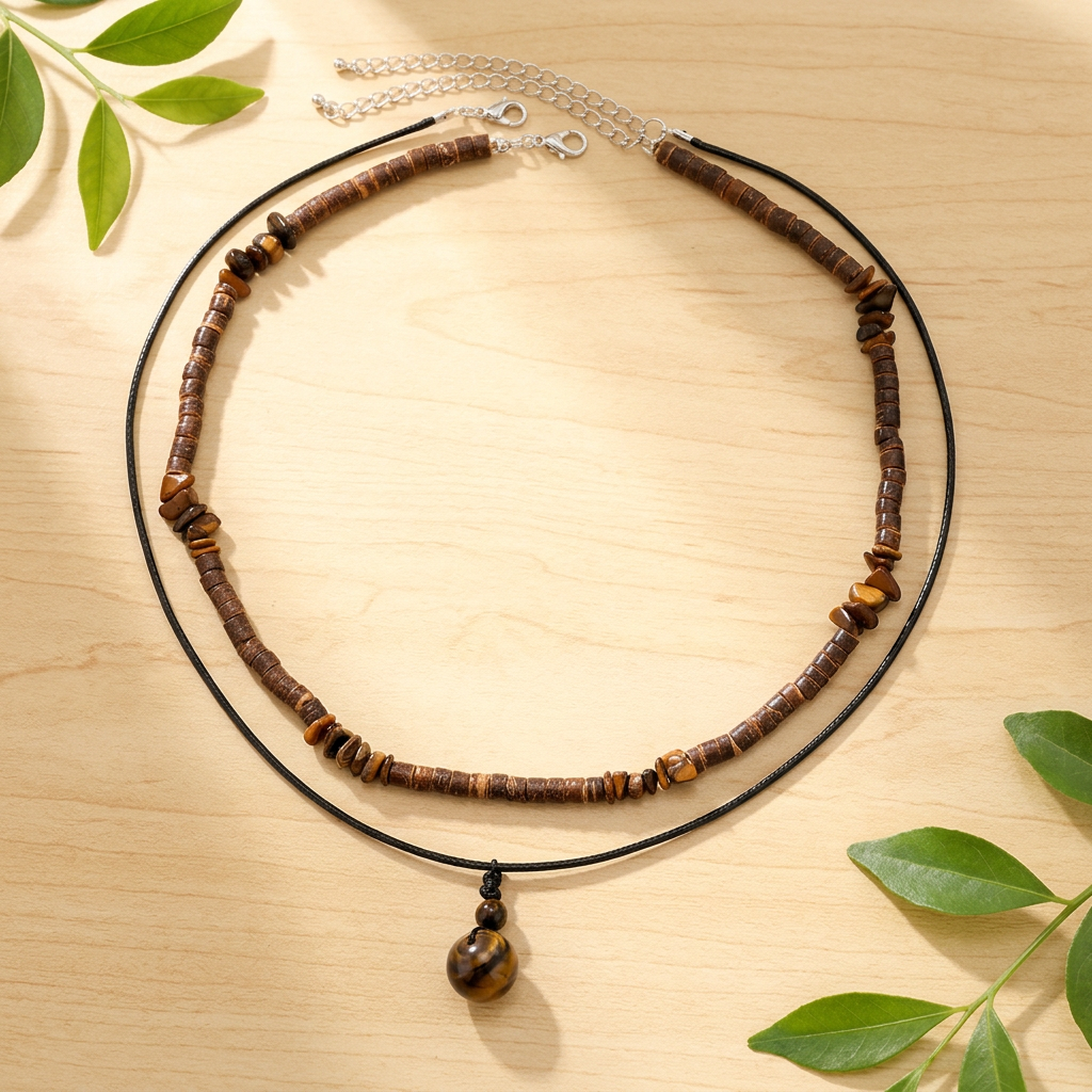 Collier perle bois homme et collier à pendentif disposés sur un fond clair ensoleillé, entourés de feuilles vertes.