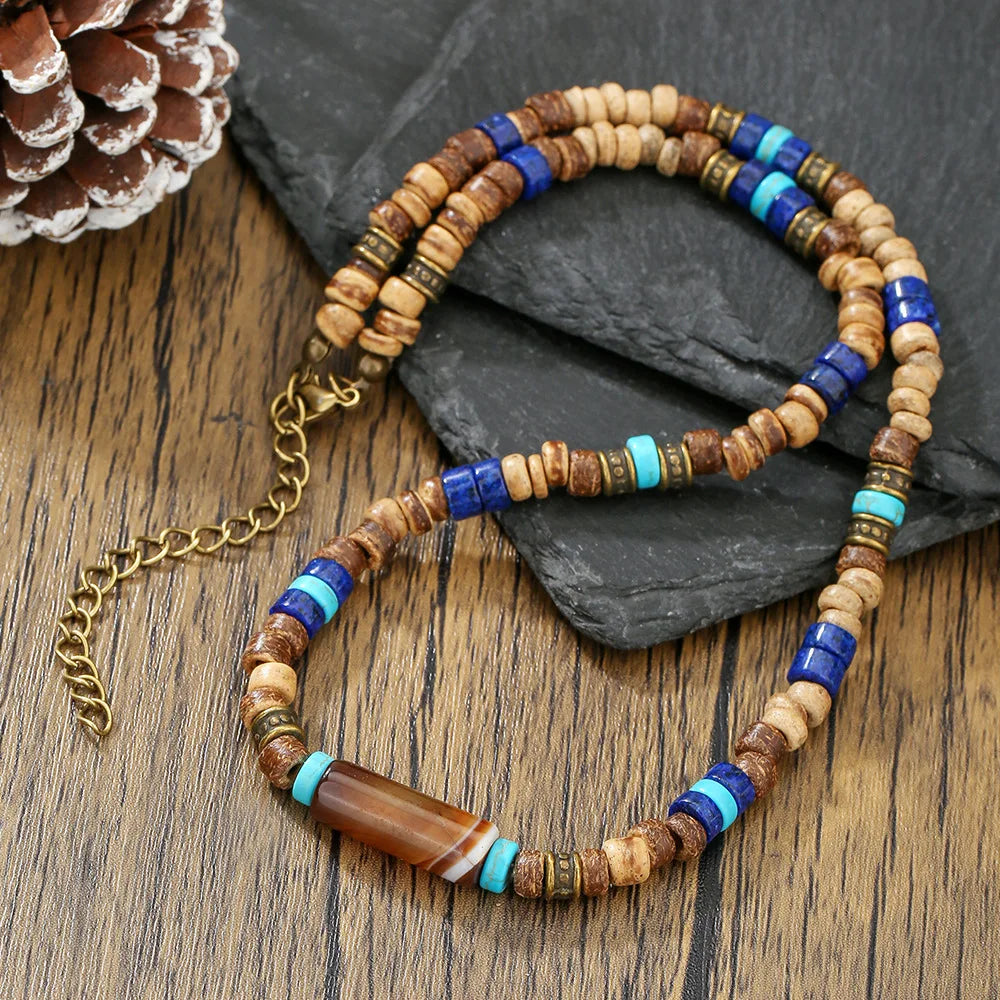 Collier perle homme ethnique bois coco lapis lazuli