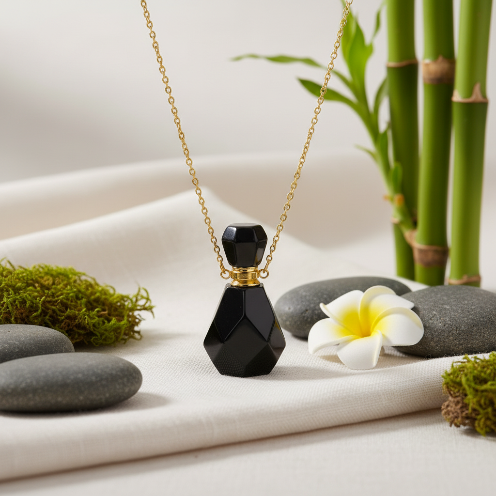 Collier huile essentielle obsidienne chaine doree pendentif bouteille pierre noire
