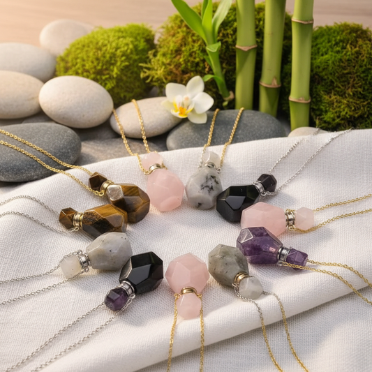Collier huile essentielle pierres naturelles plusieurs variantes disposition cercle
