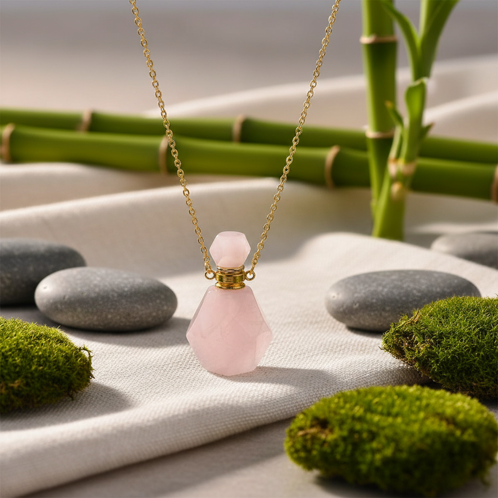 Collier huile essentielle quartz rose chaine doree pendentif bouteille pierre naturelle
