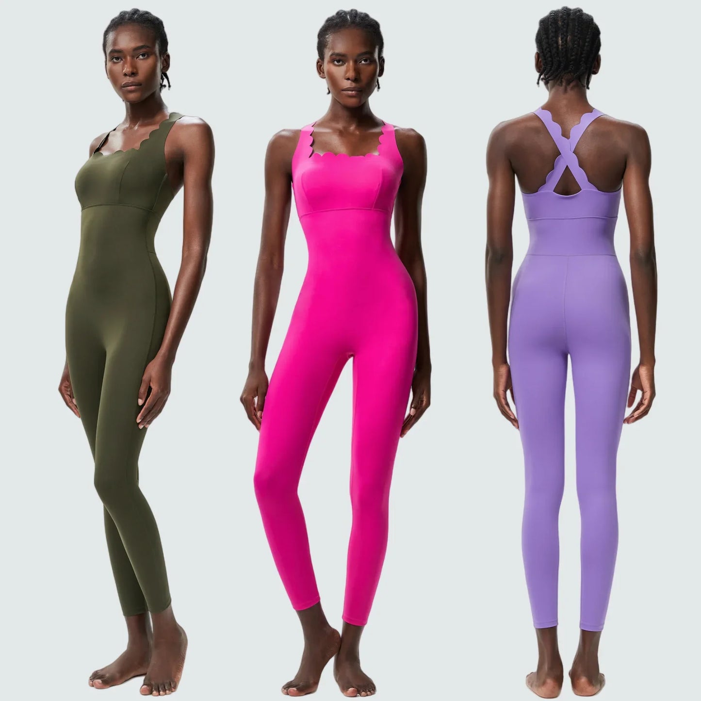 Combi yoga femme bretelles croisées dos disponible kaki rose mauve