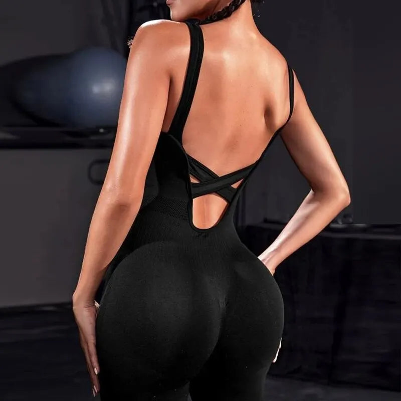 Combinaison fitness femme bretelles  dos nu plongeant noire maintien croisé