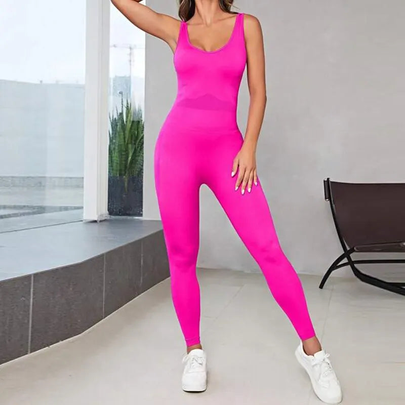 Combinaison femme fitness rose tissu respirant brillant séchage rapide