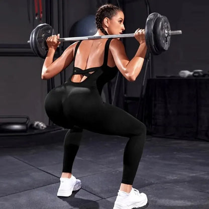 Combinaison femme fitness noire bretelles dos nu taille haute ceinture croisée